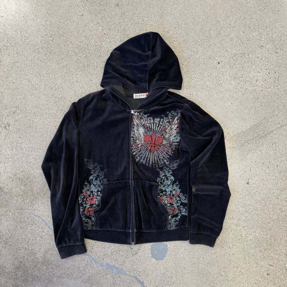 Bus Stop Rhinestone Velour Zip Up Hoodie Black Size Large